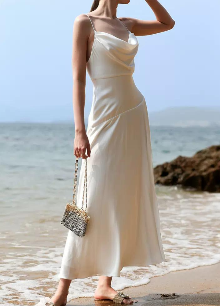 Woman Satin White Backless Camisole Long Dress CDR091