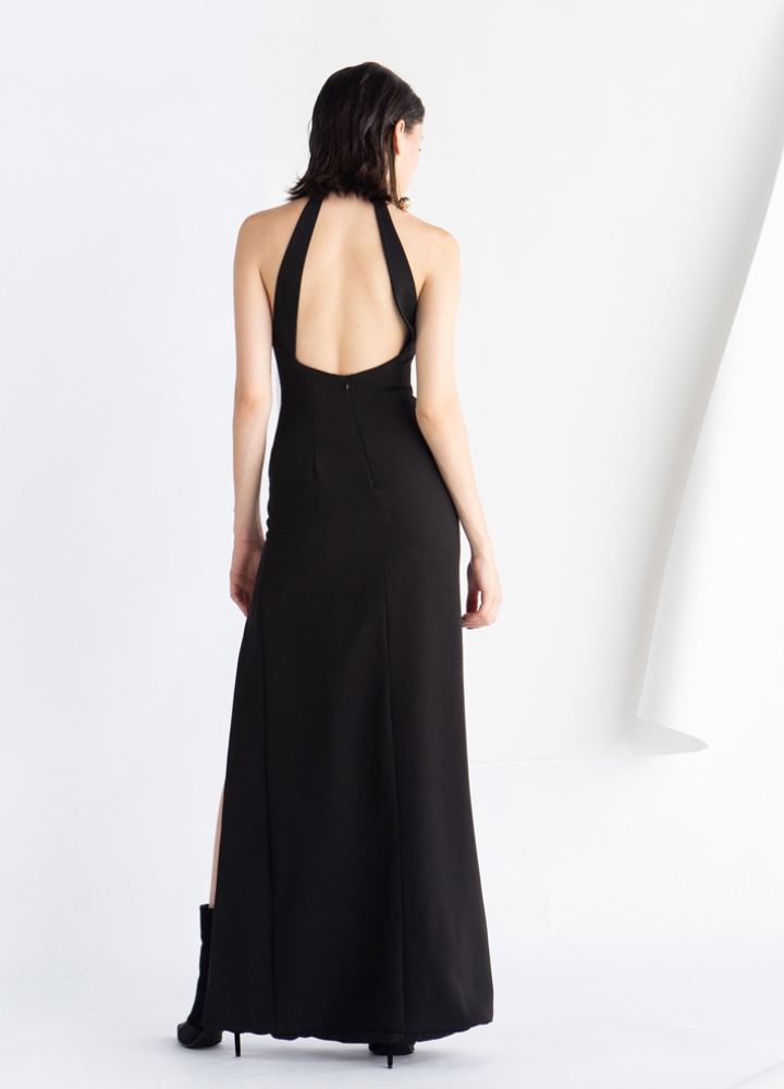 Woman Black Halter Neck Sleeveless Long Dress CDR069