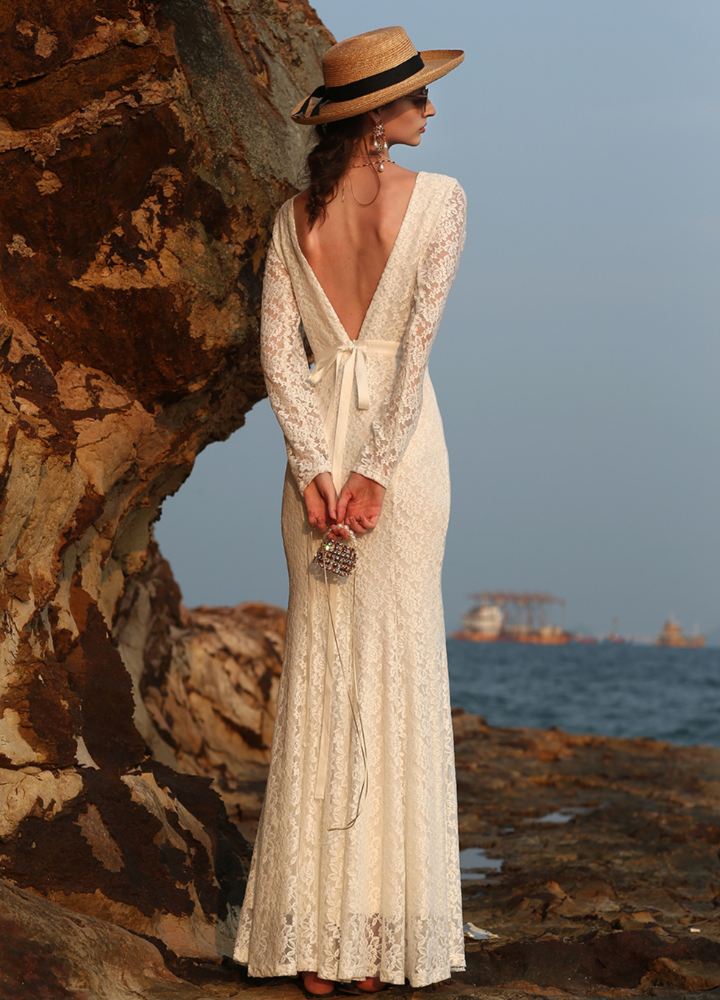 Woman Lace Backless Long Sleeve Mermaid Dress CDR088