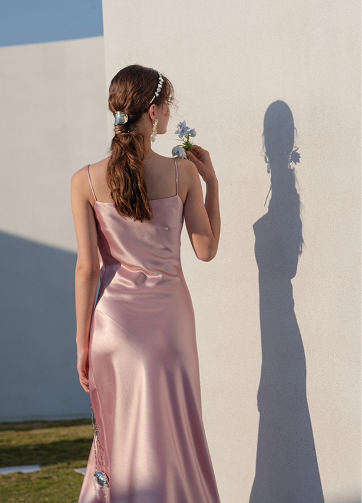 Woman Satin Square Neck Camisole Slim Long Dress CDR099