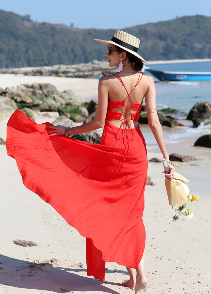 Woman Red Back Cut Lace up Flare Long Dress CDR105