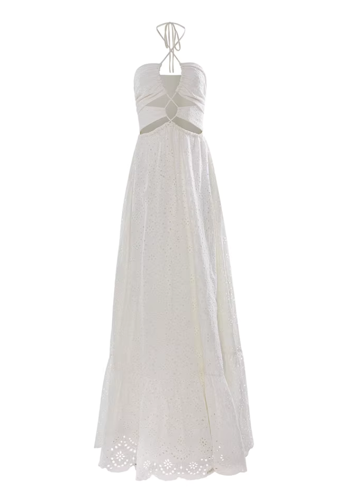 Woman Laceup VNeck White Eyelet Lace Long Dress CDR077
