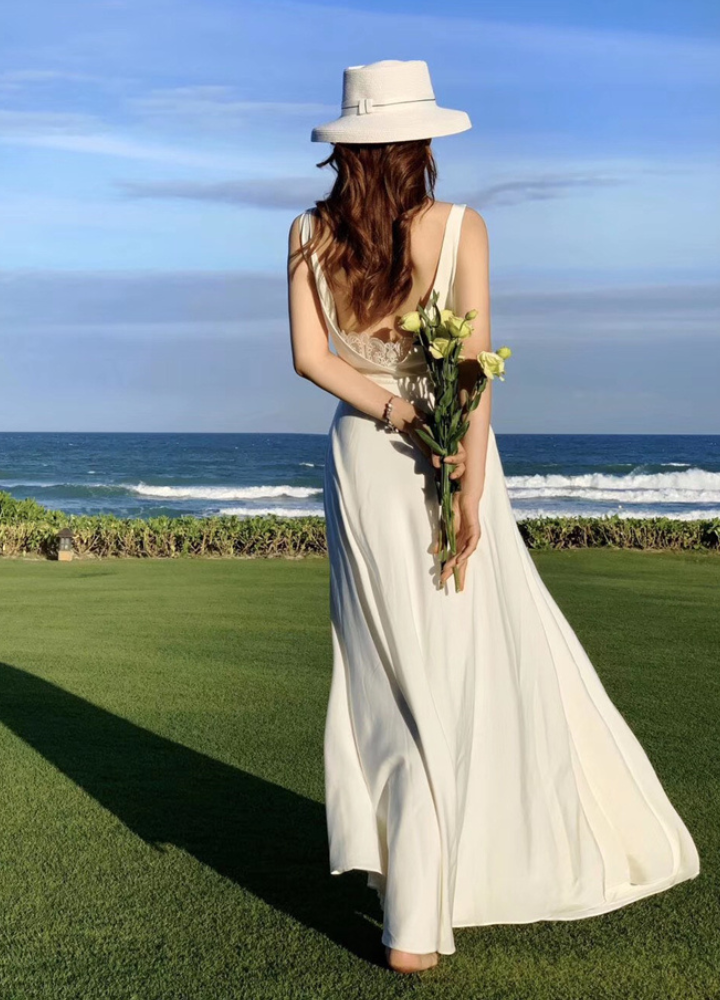 Woman Backless Lace Drape No sleeve Beach Dress CDR080
