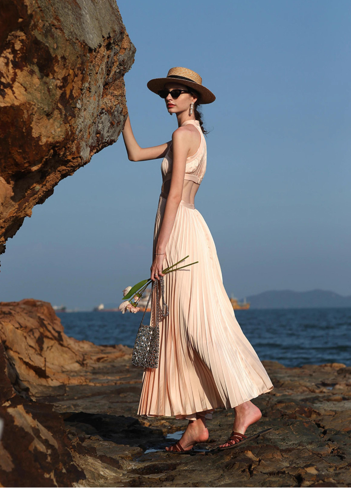 Woman Cross Halter Neck Side Slits Pleats Long Dress CDR093