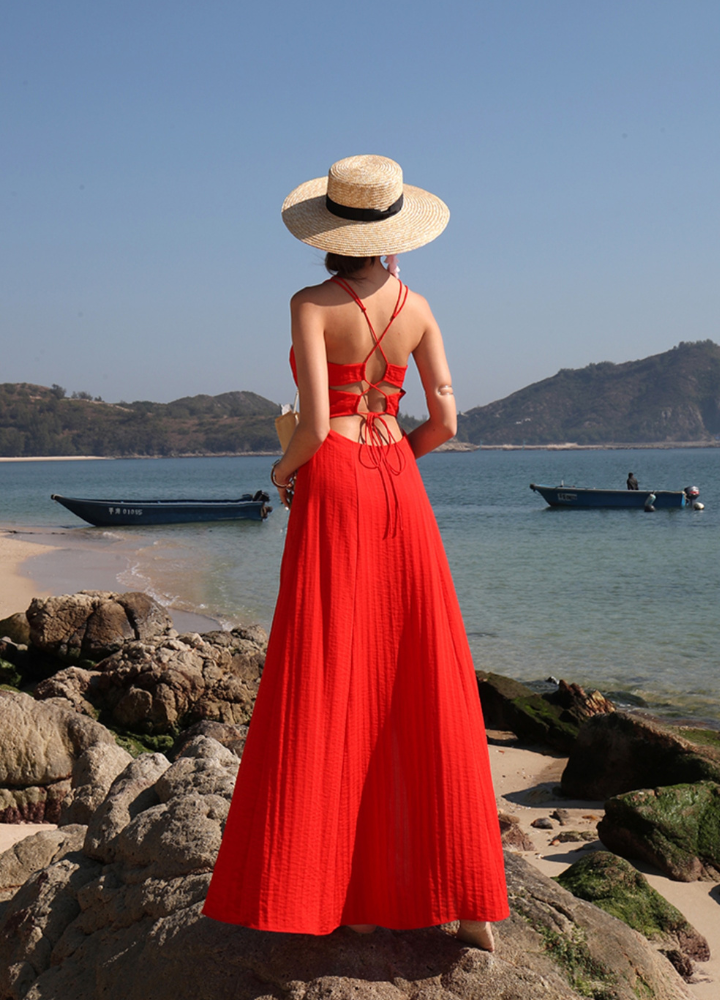 Woman Red Back Cut Lace up Flare Long Dress CDR105