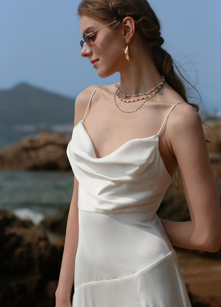 Woman Satin White Backless Camisole Long Dress CDR091