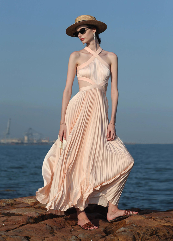Woman Cross Halter Neck Side Slits Pleats Long Dress CDR093
