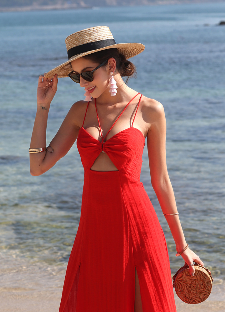 Woman Red Back Cut Lace up Flare Long Dress CDR105