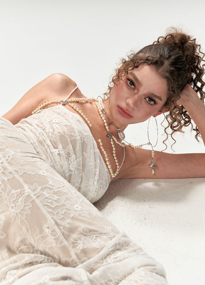 Woman White Sheer Lace Camisole Slim Long Dress CDR085