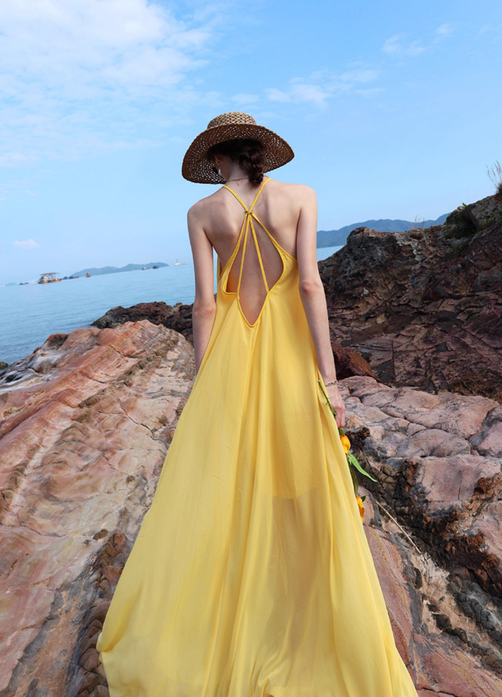Woman Yellow Crossback Halter Neck Chiffon Dress CDR092