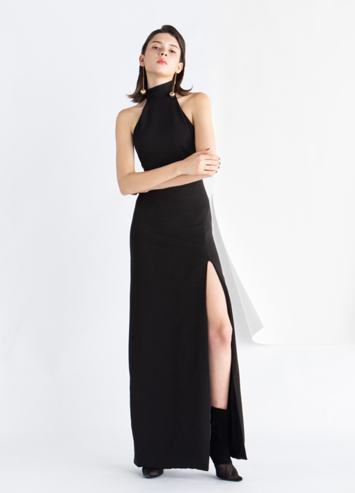 Woman Black Halter Neck Sleeveless Long Dress CDR069