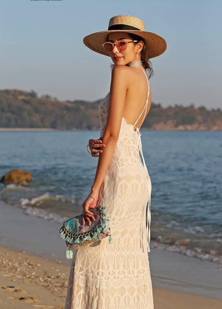 Woman Lace Halter Neck Back Cross Long Dress CDR087