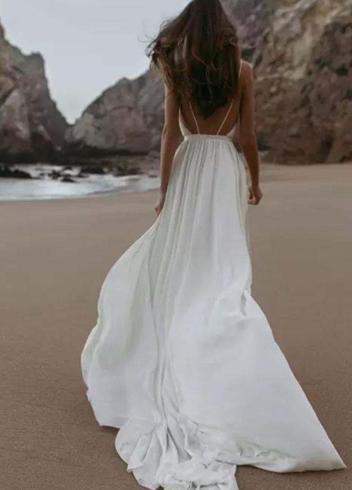 Woman VNeck Back Open Photo Wedding White Long Dress CDR079