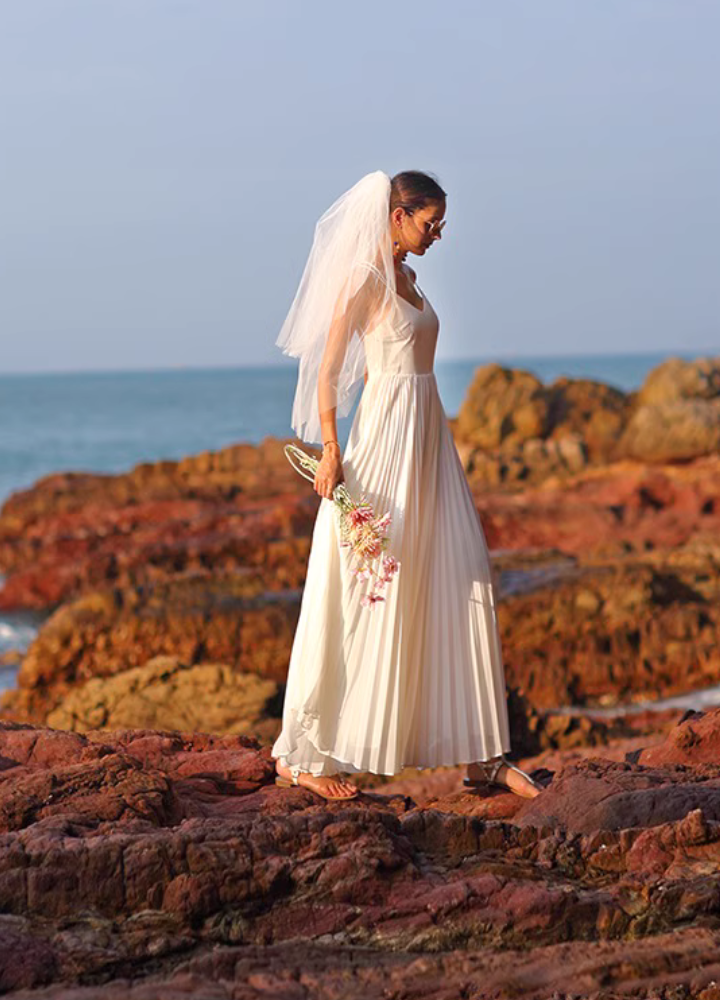 Woman Back Open Cross Camisole Chiffon Pleats Dress CDR086