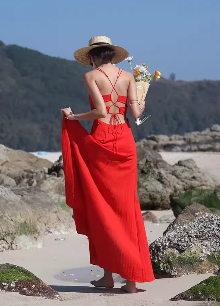 Woman Red Back Cut Lace up Flare Long Dress CDR105