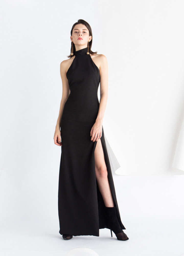 Woman Black Halter Neck Sleeveless Long Dress CDR069