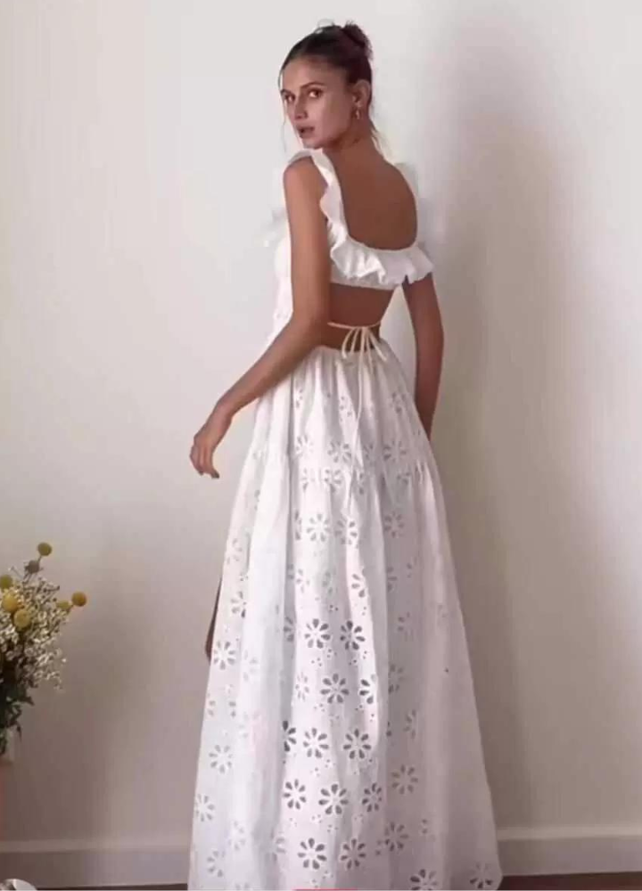 Woman Backless Square Collar Frills Beach Dress CDR054