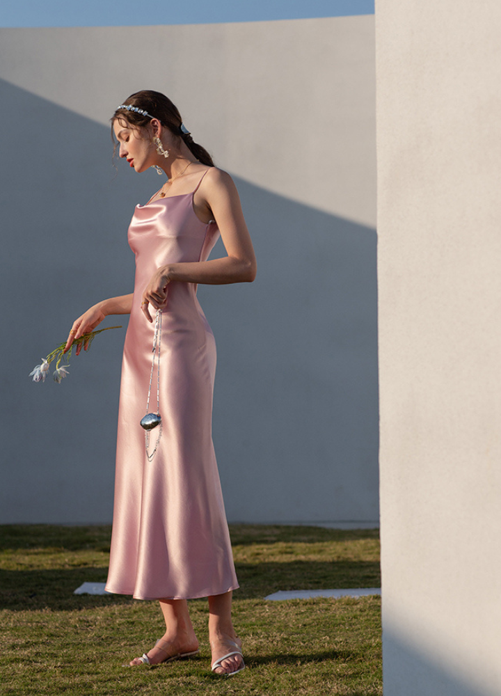 Woman Satin Square Neck Camisole Slim Long Dress CDR099