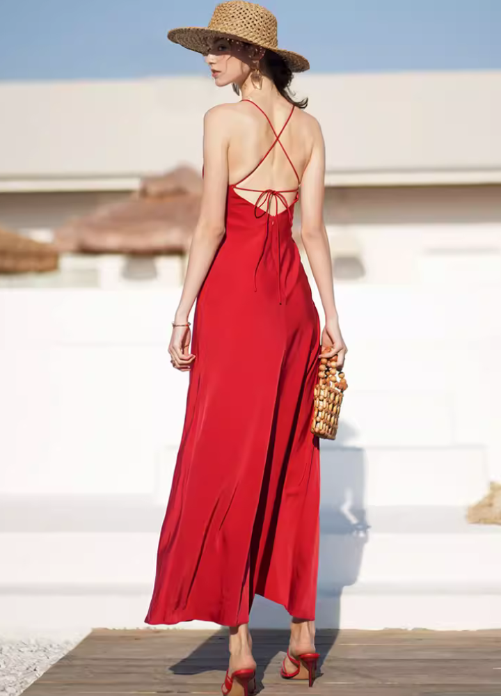 Woman Back Lace up High Side Slit Long Dress CDR104