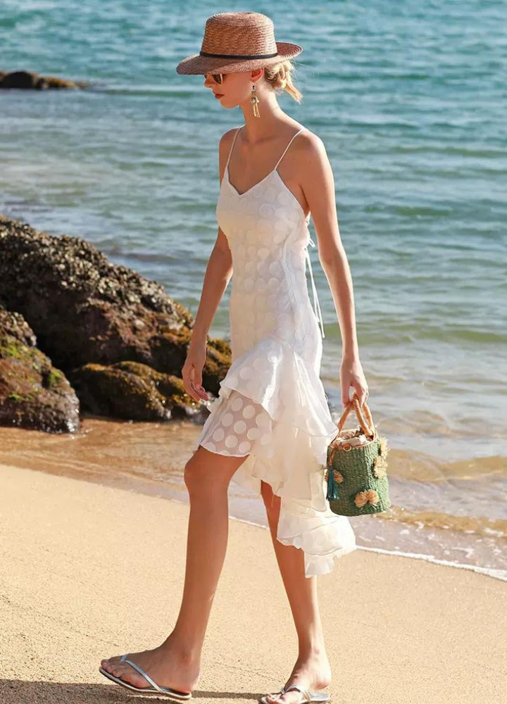 Woman White Dot Ashima raffle Frills Camisole Dress CDR100
