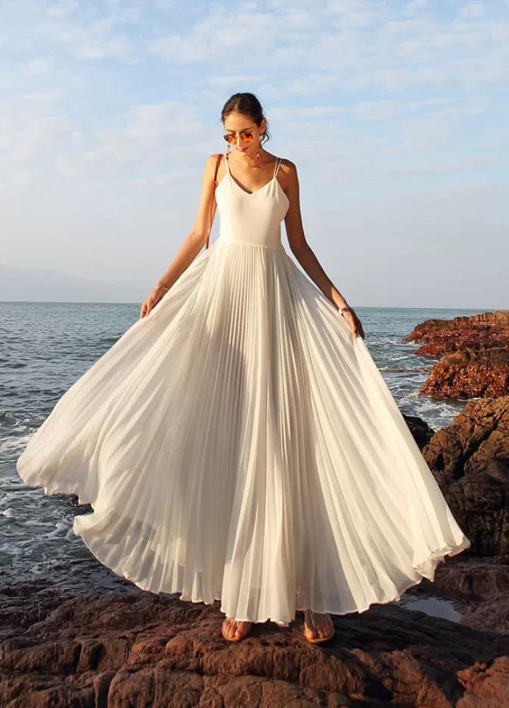 Woman Back Open Cross Camisole Chiffon Pleats Dress CDR086