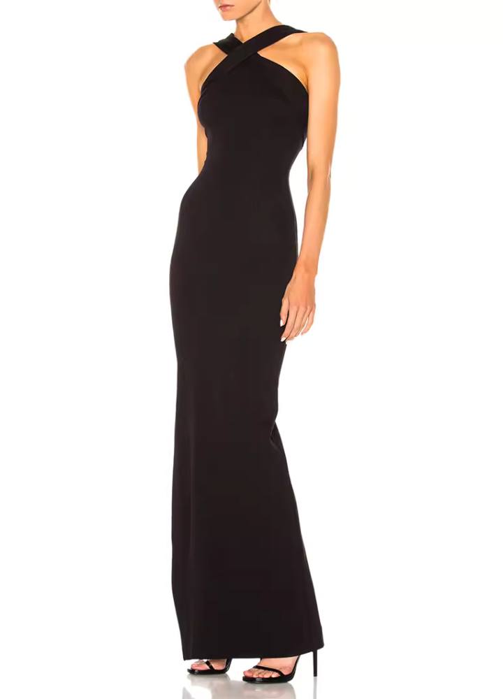 Woman Black Cross Halter Neck Side Slits Dress CDR094