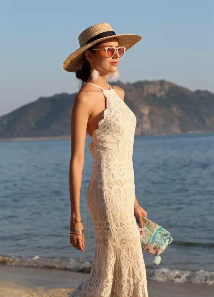 Woman Lace Halter Neck Back Cross Long Dress CDR087