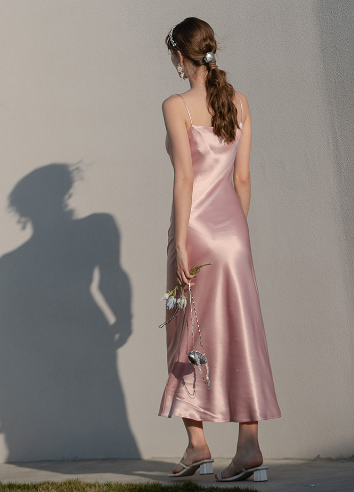 Woman Satin Square Neck Camisole Slim Long Dress CDR099