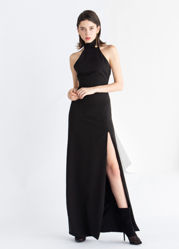 Woman Black Halter Neck Sleeveless Long Dress CDR069