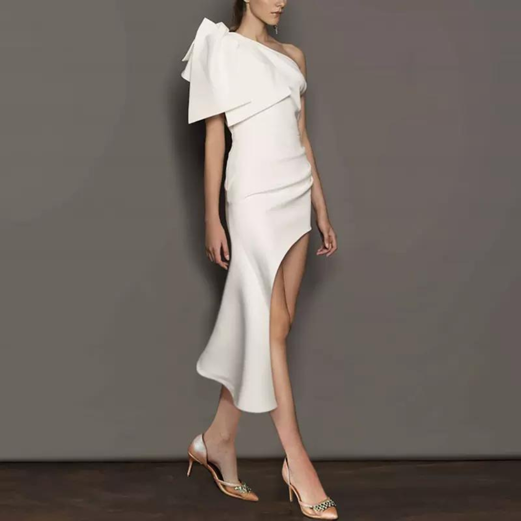 Woman Big ribbon Shoulder Asymmetry Mini Dress CDR051