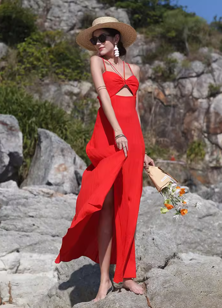 Woman Red Back Cut Lace up Flare Long Dress CDR105