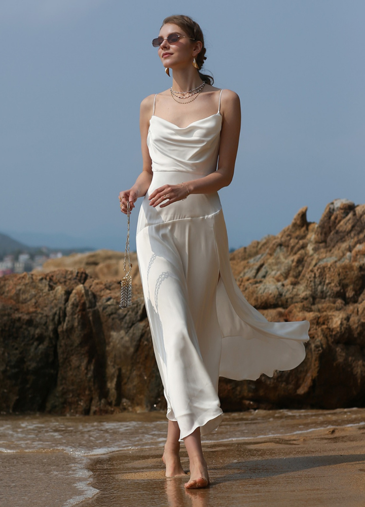 Woman Satin White Backless Camisole Long Dress CDR091