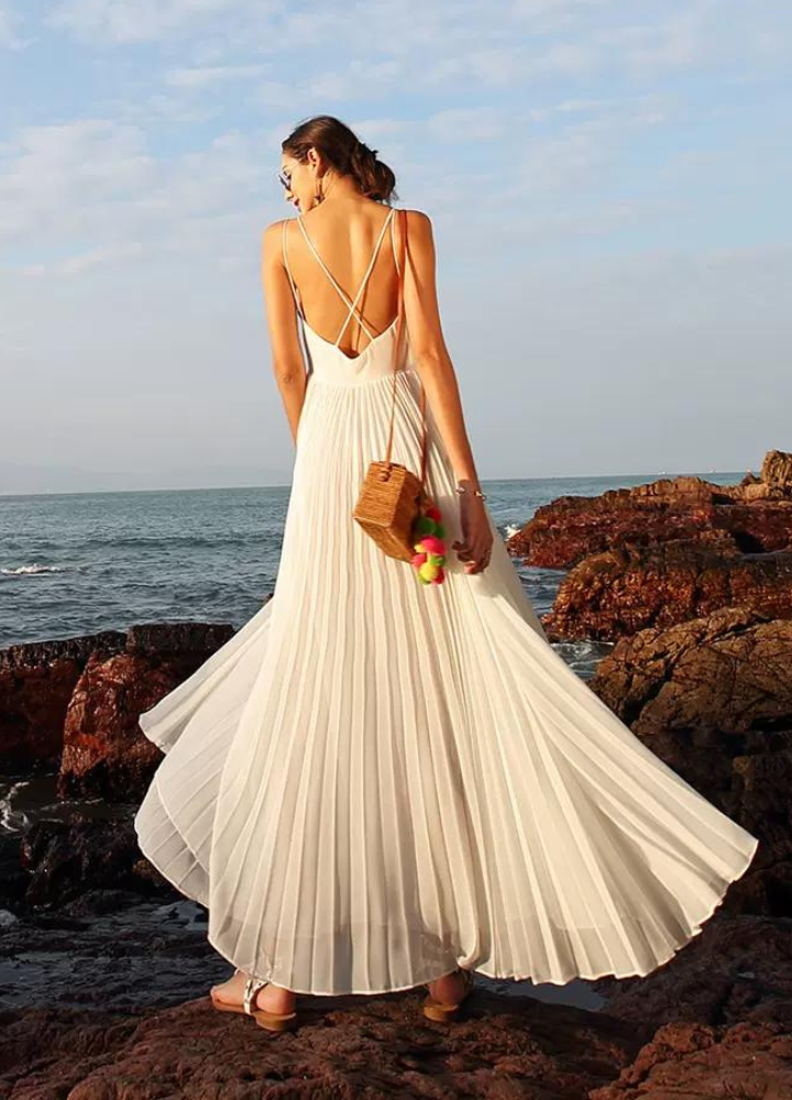 Woman Back Open Cross Camisole Chiffon Pleats Dress CDR086