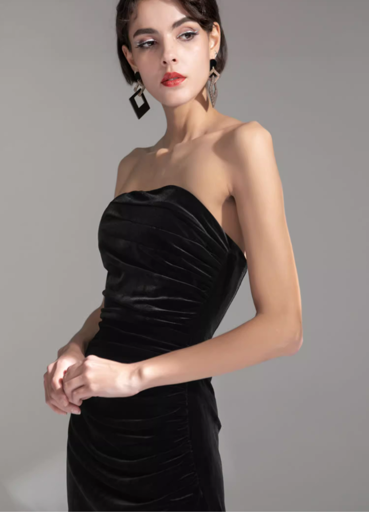 Woman Black Velour Classical Tube Top Long Dress CDR107