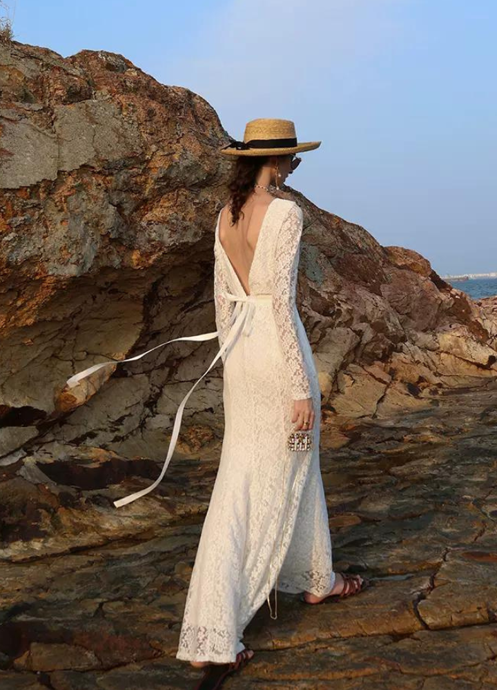 Woman Lace Backless Long Sleeve Mermaid Dress CDR088