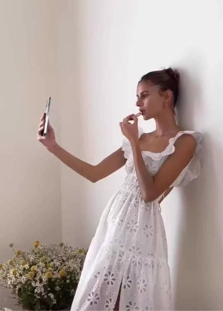 Woman Backless Square Collar Frills Beach Dress CDR054