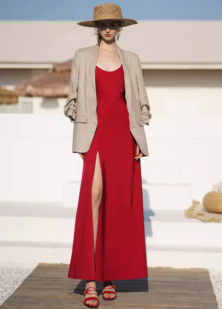 Woman Back Lace up High Side Slit Long Dress CDR104