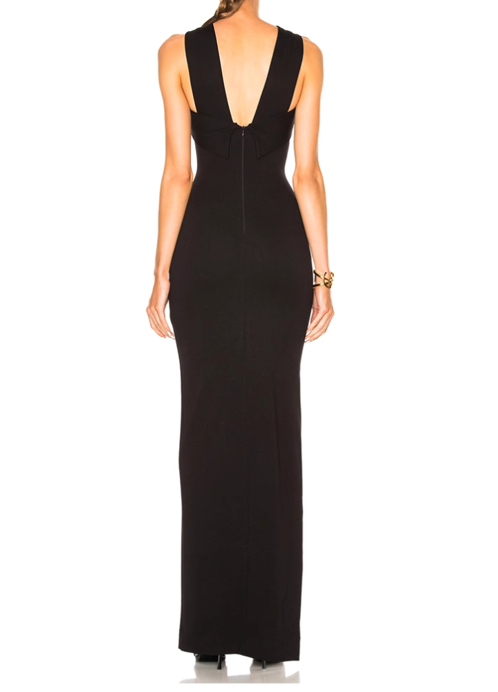 Woman Black Cross Halter Neck Side Slits Dress CDR094