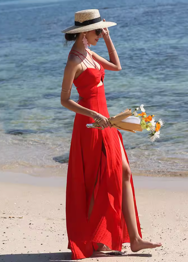 Woman Red Back Cut Lace up Flare Long Dress CDR105