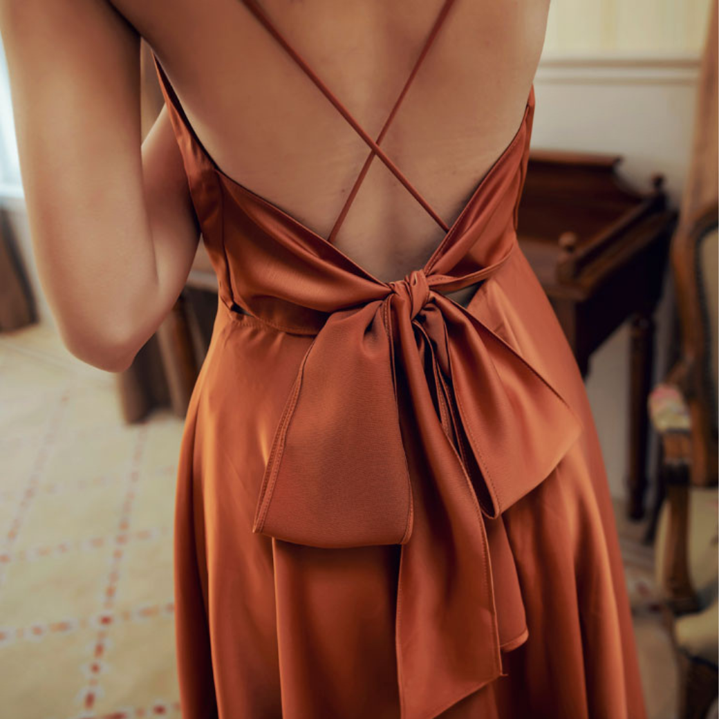 Woman Backless Waist Ribbon Camisole Flare Long Dress CDR065