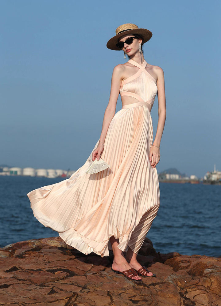 Woman Cross Halter Neck Side Slits Pleats Long Dress CDR093