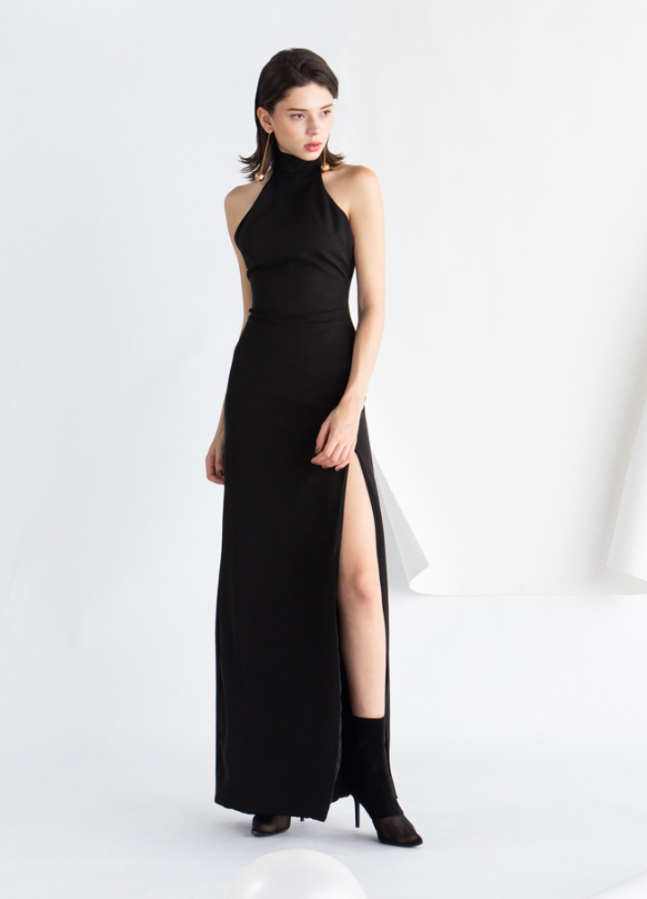 Woman Black Halter Neck Sleeveless Long Dress CDR069