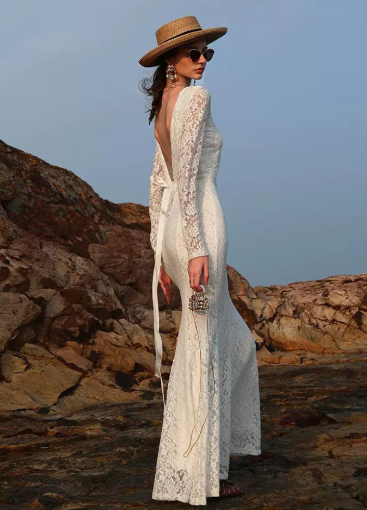 Woman Lace Backless Long Sleeve Mermaid Dress CDR088