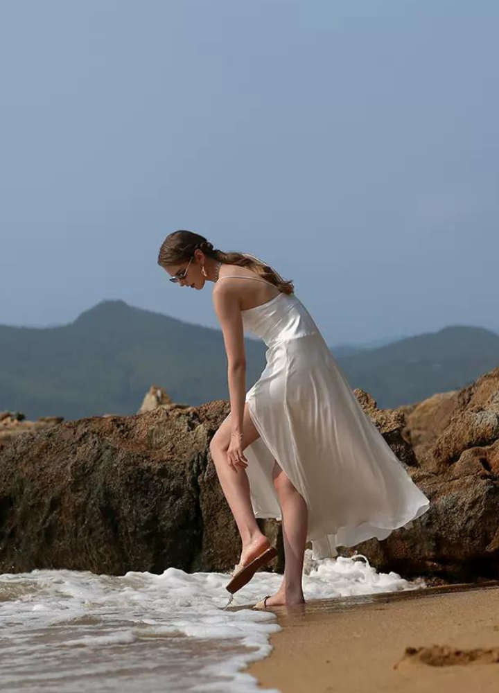 Woman Satin White Backless Camisole Long Dress CDR091