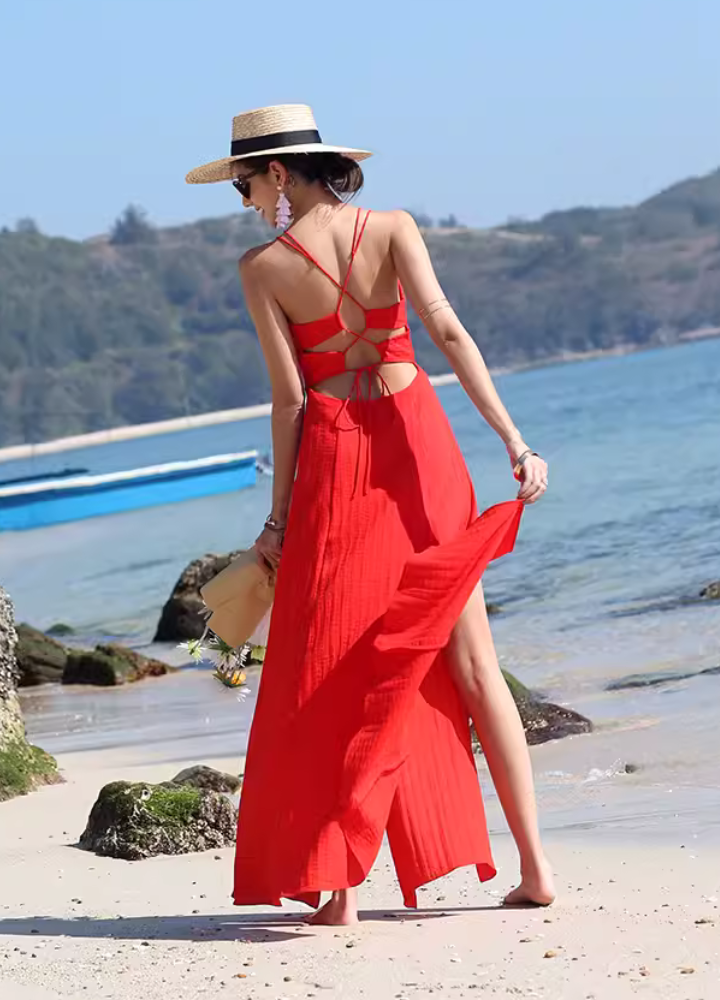 Woman Red Back Cut Lace up Flare Long Dress CDR105