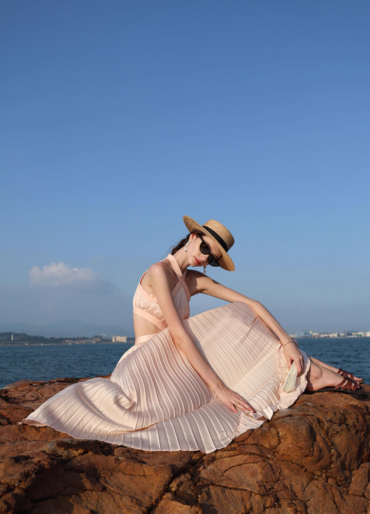 Woman Cross Halter Neck Side Slits Pleats Long Dress CDR093