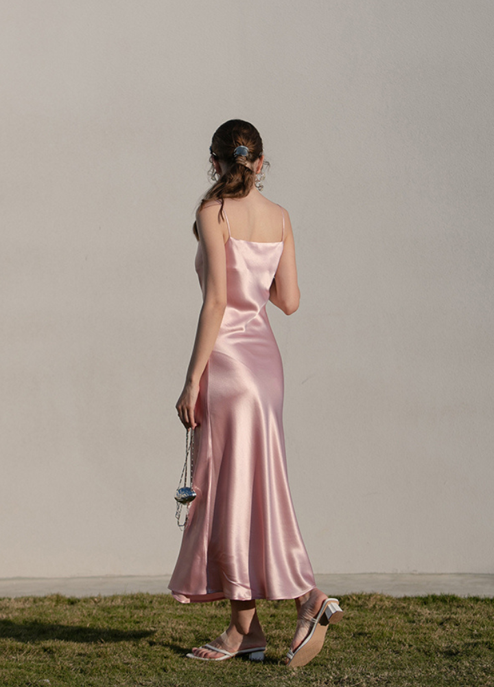 Woman Satin Square Neck Camisole Slim Long Dress CDR099