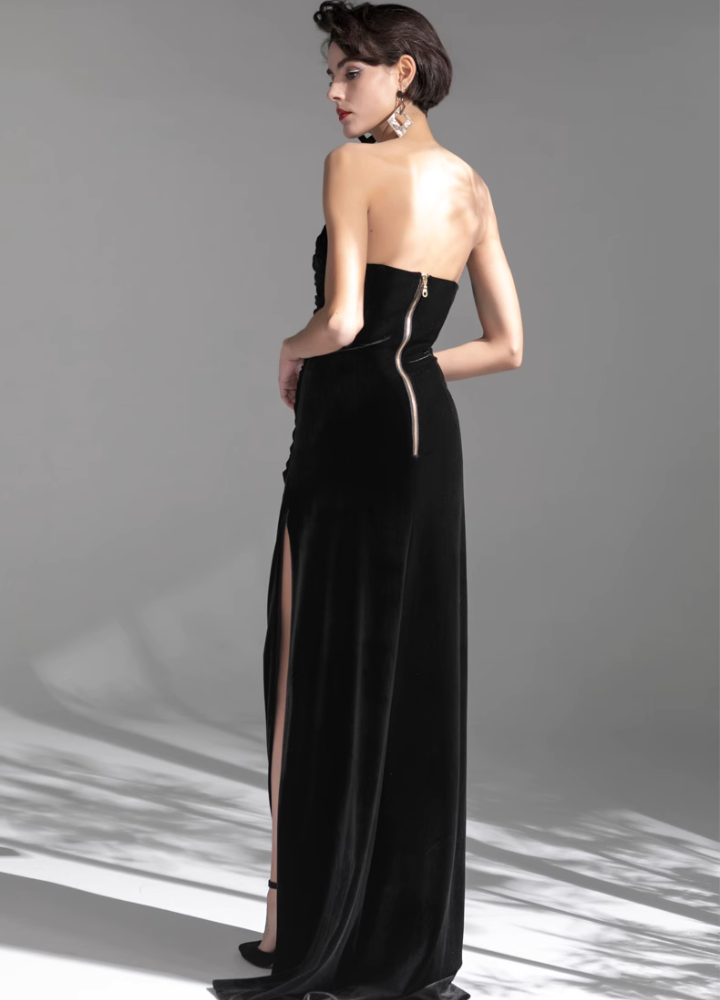 Woman Black Velour Classical Tube Top Long Dress CDR107