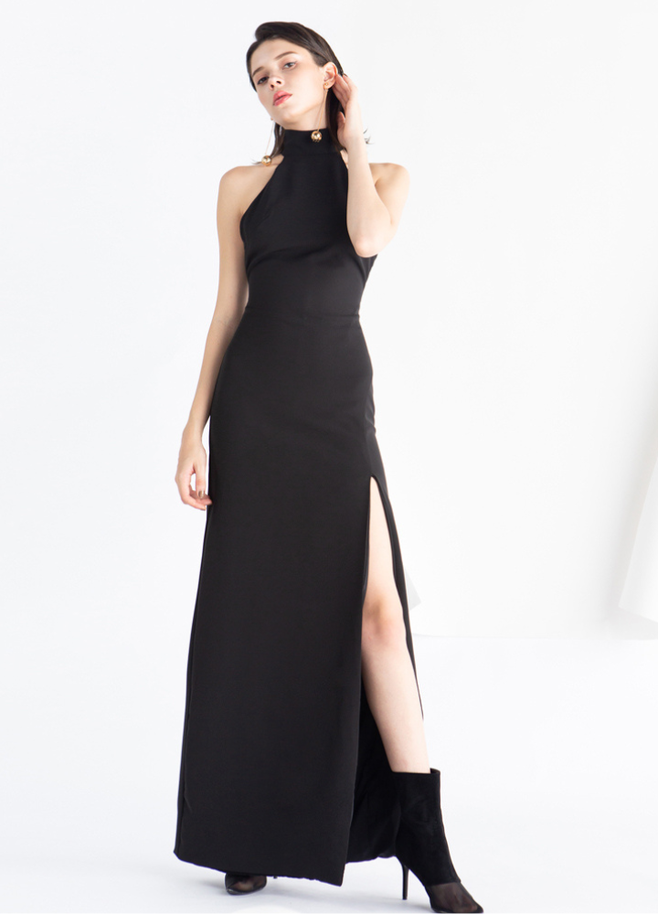 Woman Black Halter Neck Sleeveless Long Dress CDR069