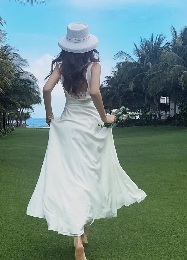 Woman Backless Lace Drape No sleeve Beach Dress CDR080